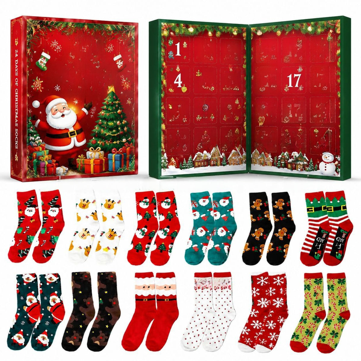Christmas Advent Calendar Blind Box 12 Pairs Socks Double-Open Gift Box