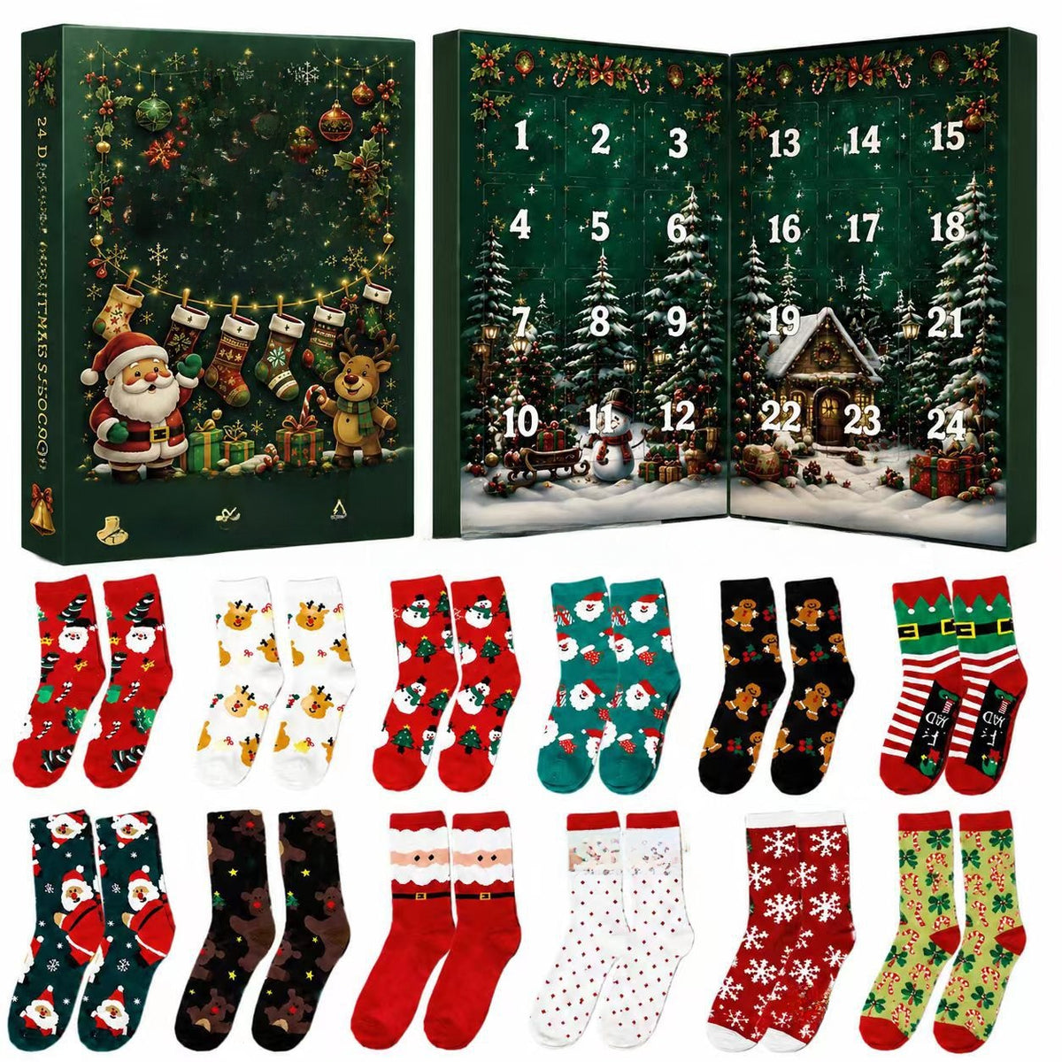 Christmas Advent Calendar Blind Box 12 Pairs Socks Double-Open Gift Box