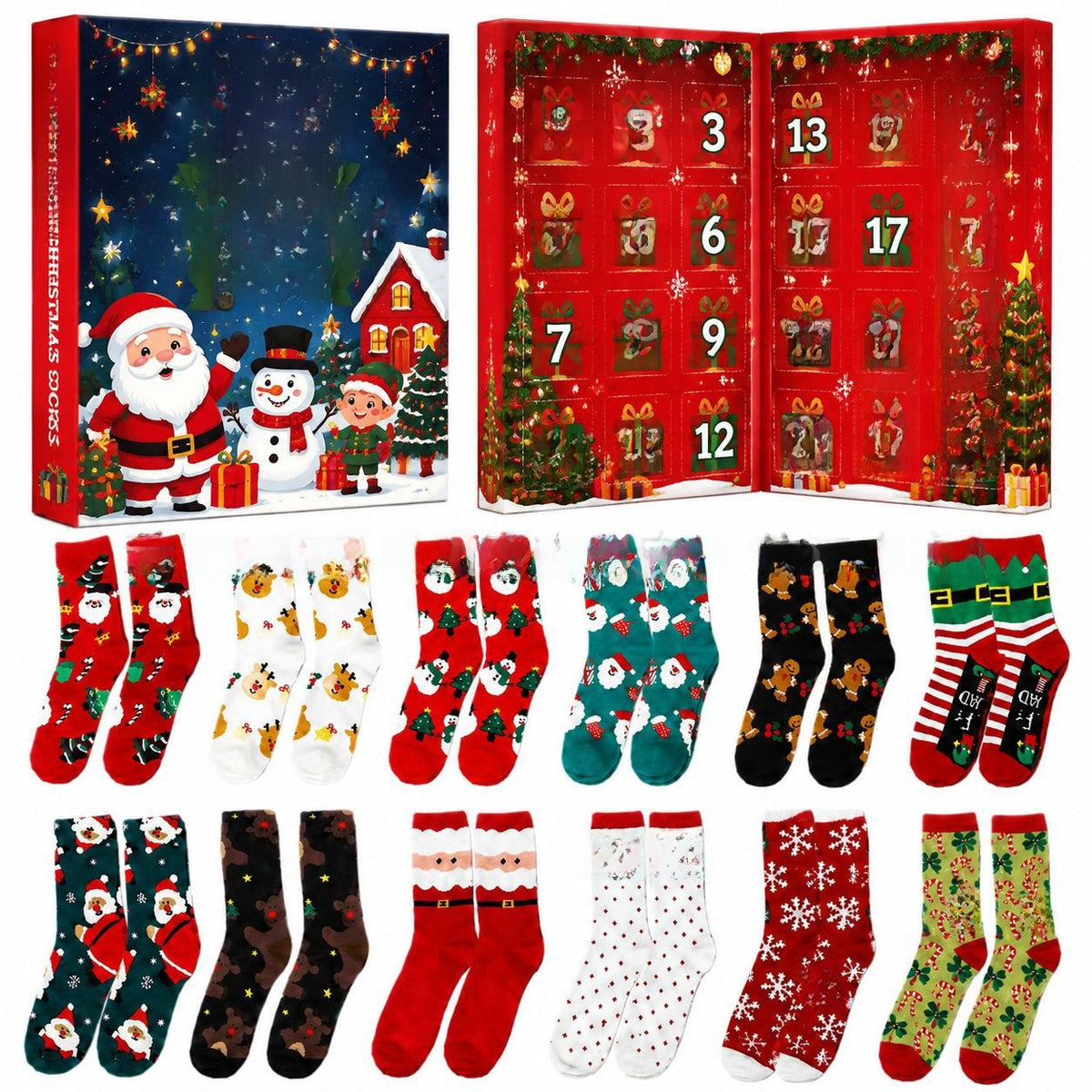 Christmas Advent Calendar Blind Box 12 Pairs Socks Double-Open Gift Box