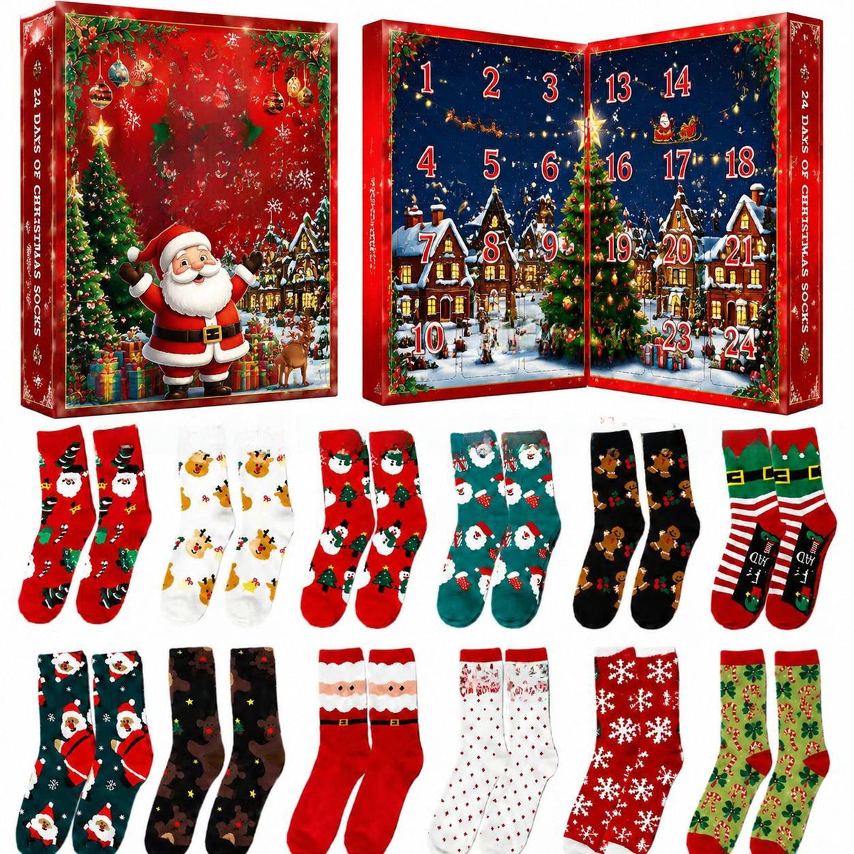 Christmas Advent Calendar Blind Box 12 Pairs Socks Double-Open Gift Box
