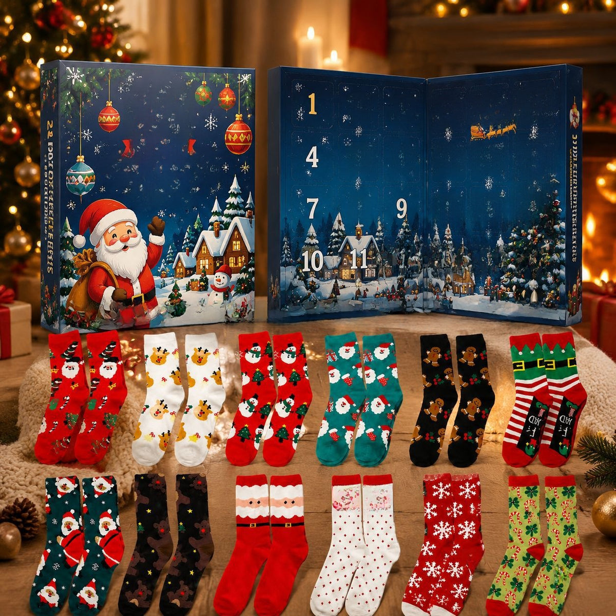 Christmas Advent Calendar Blind Box 12 Pairs Socks Double-Open Gift Box