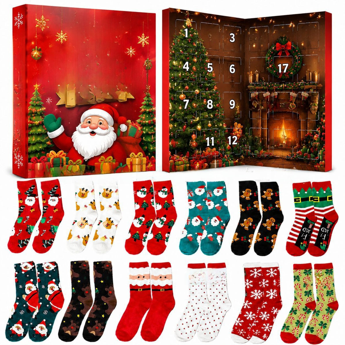 Christmas Advent Calendar Blind Box 12 Pairs Socks Double-Open Gift Box